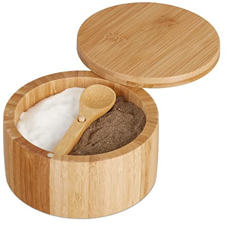 Relaxdays Salzbehälter Bote Sal con Tapa y Cuchara, Salero 2 Compartimentos Bambú, Cierre Magnético, Especias, 6,5 x 12,5 cm, Natural