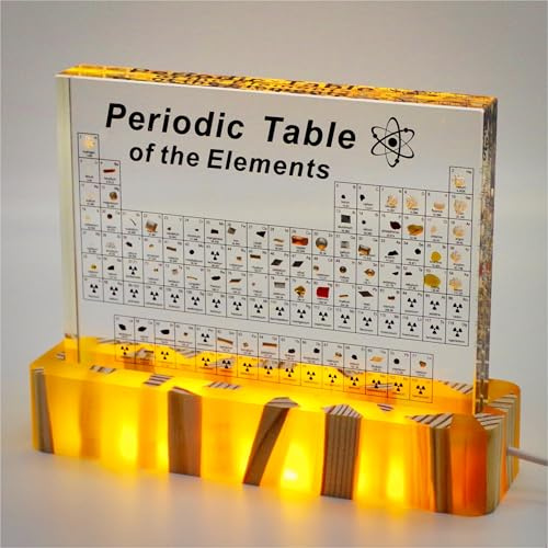 Periodic Table with Real Elements Inside, Amber Lighted Stand Acrylic Periodic Table of Elements Poster, Crafts Décor Teaching Tool Chemistry Gift for Kids Adults Students Teacher Science Lovers