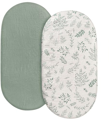 Musselin-Spannbettlaken, 2er-Pack, weiche, atmungsaktive Baumwolle, Baby-Stubenwagen-Matratzen-Bettlaken-Set, 360° elastisch, eng anliegende Passform, universell für ovale, rechteckige und