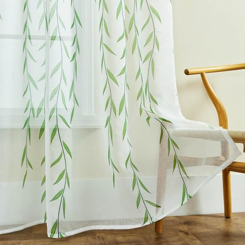 WANSOUL 2er Set Weidenblätter Vorhang Transparent Vorhang 198cm Lang Grün Weinrebe mit Stangendurchzug Botanische Fenstervorhänge für Wohnzimmer Balkon Veranda Schrank Tür