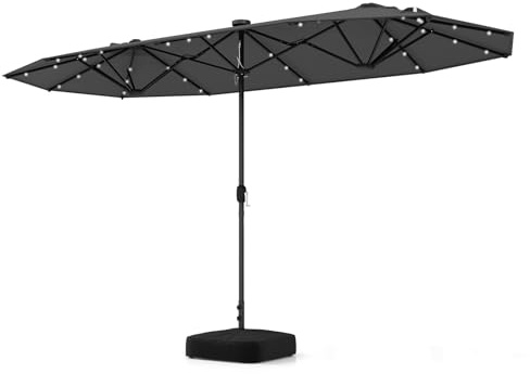 COSTWAY Sombrilla Terraza Exterior Doble 4x2m, Parasol Terraza Exterior con Luces LED y Base, Manivela, Sombriila para Patio Piscina Playa (Gris, 400 x 200 cm (con LED y Base))