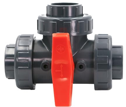HAF 1x PVC 3 Wege Kugelhahn T-Bohrung mit 1 1/2 | Innengewinde x Innengewinde x Innengewinde | Absperrhahn aus grauem PVC-U | PN16 für Poolfitting, Pool, Schwimmbad, Poolverrohrung, Druckleitung