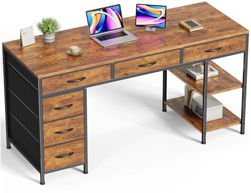 Huuger Computer Desk with 6 Drawers, 54 Inch Office Desk with Shelves, Reversible Gaming Desk, Corner Desk with Storage, Work for Home Office, Study, Living Room, Rustic Brown