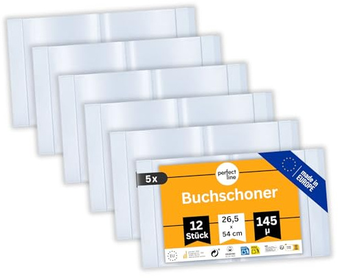 perfect line 60 x Buchumschlag Höhe 26,5 cm (265 mm) x Breite bis 54 cm, Schulbuch-Hülle Extra-Stabil, Buchschoner Glas-Klar, Sparpack (5 Sets á 12 Stk.)