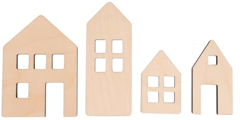 Rayher Holzhäuser, 4 Stück, 5,5 – 10 cm, Stärke 6 mm, Deko-Lichthäuser, Holz, FSC zertifiziert, natur, Holzhäuser mini, flach, 46750505