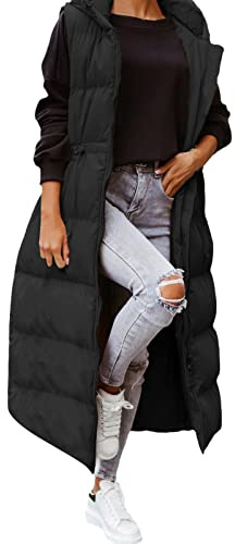 Gilet da corsa da donna invernale senza maniche gilet lungo con cappuccio caldo piumino con tasche giacca trapuntata da esterno con cerniera gilet lungo camicia da donna, Nero , XXL