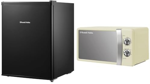 Russell Hobbs RHTTF67B 66 Litre Reversible Doors Table Top Mini Fridge, Black & RHMM701C 17 Litre 700 W Cream Solo Manual Microwave with 5 Power Levels, Ringer & Timer, Defrost Setting, Easy Clean