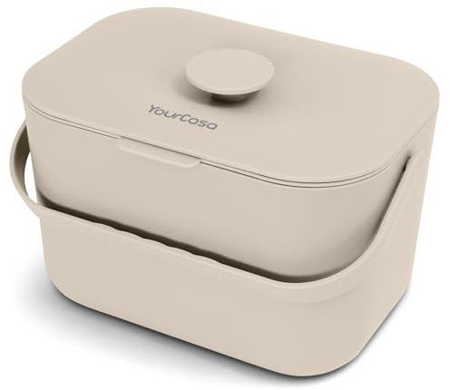 YourCasa Kitchen food waste bin caddy with ergonomic handle - countertop small compost counter with lid trash can - 5L - Dishwasher Safe - Odour Proof - Inner Sieve indoor recycling composter (Cream)