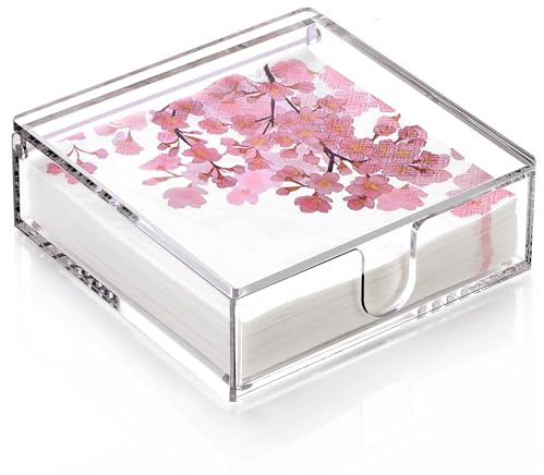 DINGHUO Acrylic Napkin Holder, 7x 7x 2.4 Flat Luncheon Napkin Dispenser with Lid, Clear Flip-top Waterproof Paper Napkin Container Organizer for Table, Kitchen, Indoor & Outdoor, Bathroom Vanity