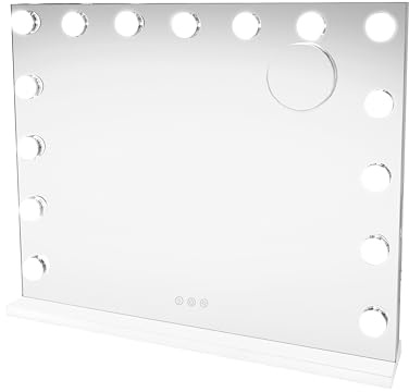 LED Hollywood Sminkspegel 58 cm med Belysning, Dimbar Vanity Mirror med Bluetooth Högtalare, USB-A & USB-C Laddning, 10x Förstoring, Sminkspegel för Makeup, Bord & Väggmonterad