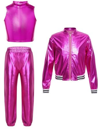 RUNQHUI Mädchen Metallic Traininganzug Tanz Outfit Kinder Glitzer Metallic Bomberjacke Hose Set Jazz Hip Hop Kleidung Karneval Party Festival Outfit Rosenrot 134-140