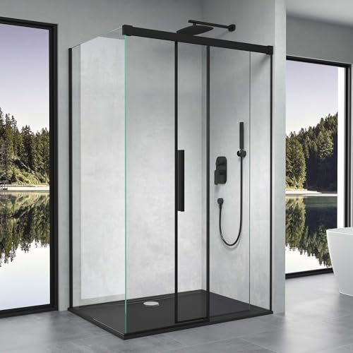doporro Box Doccia 80x140x195cm, Cabina Doccia Angolare con Porta Scorrevole Soft-close in Profilo Nero Vetro di Sicurezza ESG Vetro Trasparente Incluso Rivestimento Ravenna12k 80x140