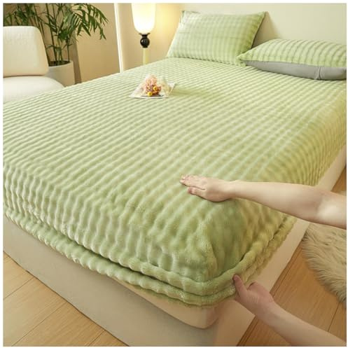 DATOUJL Sábana Ajustable de Felpa, tamaño Doble, sábana Base de Piel sintética de Conejo, Bolsillos de 27 cm de Profundidad, Funda de colchón térmica de Franela mullida (Verde,200x220cm)