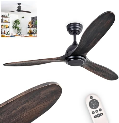 HOFSTEIN Deckenventilator Mosstena, Deckenlampe mit Ventilator aus Metall/Holz in Schwarz/Mahagoni/Holz dunkel, Ø 116 cm, Auf-/Abwind, 6 Stufen, Fernbedienung, Wohnzimmer, Schlafzimmer, Büro