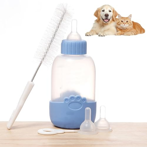 GmwyCzV 5 Set Biberón de Mascotas,Silicona Biberón para Mascotas de 100 ml,Botella de Leche del Animal Doméstico con 3 chupetos de reemplazo,Cepillo de Limpieza y abrelatas para Gatito Perrito,Azul