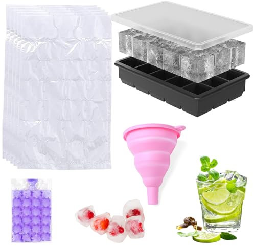 1pcs Large Ice Cube Moulds, 20pcs Self-Sealing Ice Cube Bags, 1pcs Foldable Funnel, Non-Stick and Easy Release, Reusable, for Whiskey, Cocktails, Drinks, Ideal for Families, Shops, Parties and Bars