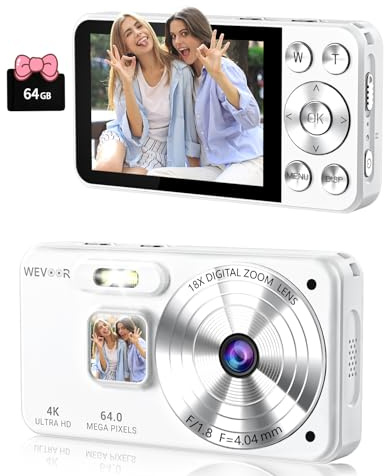 Appareil Photo Numérique 4K 64GB, Wevoor 64MP Autofocus Appareil Photo Compact Portable avec 2,8 LCD, 18X Zoom Numérique, 2000mAh Batterie, pour Vlog Voyage Fête Selfies Étudiant Adulte Débutant