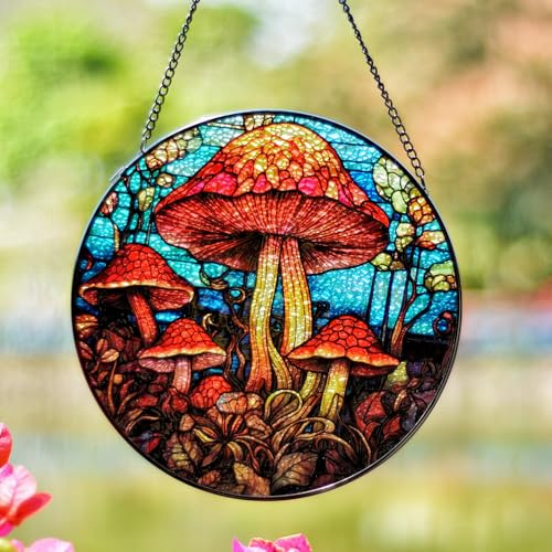 Stained Glass Window Hanging, Stunning 8''/20CM Suncatchers for Windows with Fade Resistant Hand-Painted Decorative Hanging Ornaments Captures Sunlight to Create a Vibrant Atmosphere (Mushroom)