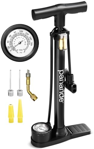 Bike Pump with Gauge - Floor Bike Pumps for Road & Mountain Bikes, Presta & Schrader Valve, 160 PSI, 2-Inch Dial, Includes Needle & Ball Adapters, Foldable Footrest, Angle Adapter