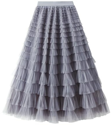 Jemsia Women's Tulle Skirt Midi Ruffles Tiered Cake Skirt Elegant Elastic High Waist A-line Petticoat Mesh Long Tutu Flowy Skirts for Prom Homecoming Birthday Party, Grey