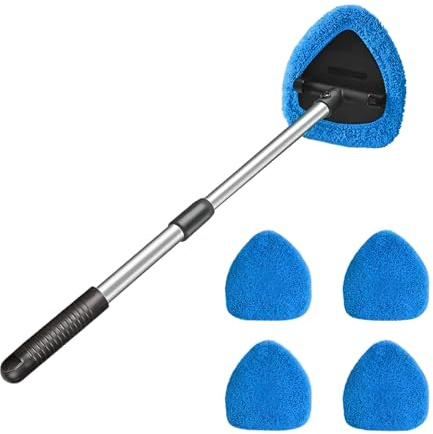 CGEAMDY Nettoyant pour Pare-Brise de Voiture, Nettoyant de Vitres de Voiture avec 4 Tampons en Microfibre Lavables Et RéUtilisables, Kit de Nettoyage d'Essuie-Glace à Long Manche Extensible (Bleu)