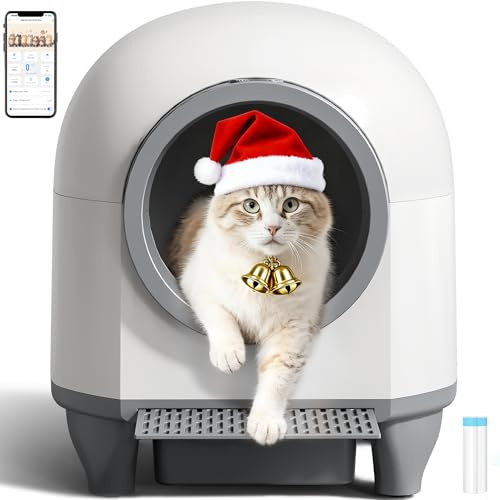 WARCAT Lettiera automatica autopulente, 90 l, lettiera automatica per gatti multipli, controllata da app con sensori intelligenti, protezione di sicurezza, tappetino, 1 rotolo di sacco della