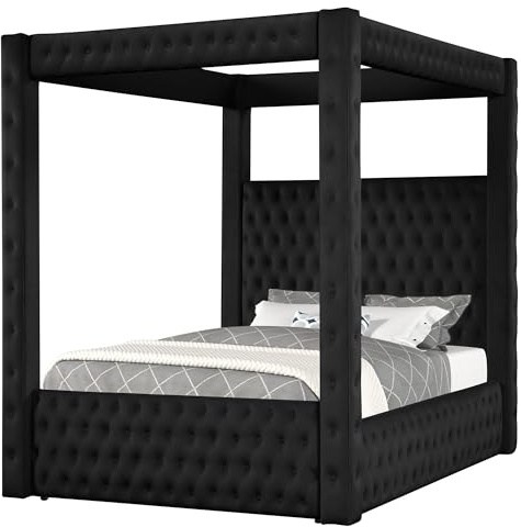 Dapedomal Velvet Four Poster Bed Frame - Upholstered Canopy Bed Frame with Exquisite Button Tufted Design and Tall Headboard, Luxury Bed Frames with Wooden Support, Box Spring Required (Black, Queen)