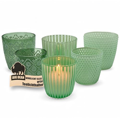 BigDean 6X Windlicht Glas grün Teelichthalter Teelichthalter in 3 Designs | 2 Größen