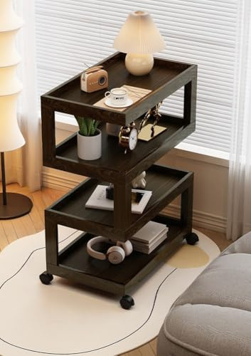 YOUGANG Table de nuit moderne avec 3 niveaux de rangement, table de chevet en forme de S avec roues universelles, petite table d'appoint pour canapé, salon, chambre à coucher (noyer, D)