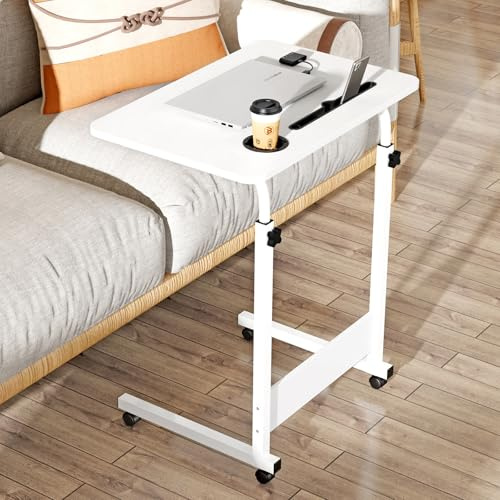 EXSELTMAN Escritorio con Ruedas, 60x40 cm, Mesa Ordenador Portatil con Ruedas, Mesa Auxiliar Ajustable en Altura 62-85 cm, anuras para Tarjetas y Portavasos, para Cama o Sofá
