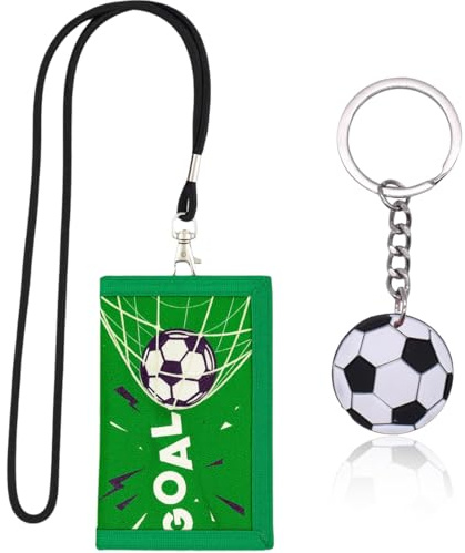 Portefeuille pour Garçon, Porte Monnaie Kinde Enfant, Porte Carte Enfant, Portefeuille à Motif de Football, Porte Monnaie Enfant Pliable avec Lanière et Porte-Clés, Cadeau d'Anniversaire pour Garçon