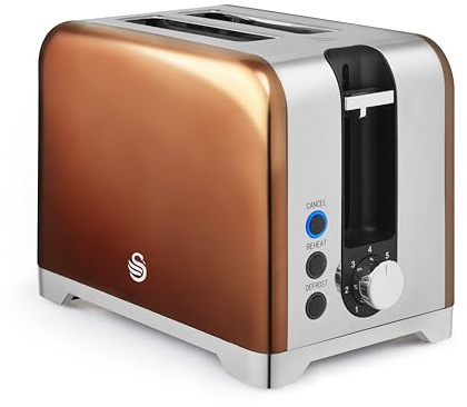 Swan ST19031COP Solace 2 Slice Toaster, Premium Stainless Steel with a High Gloss Finish, 7 Browning Levels, Defrost, Reheat and Cancel Functions, Non-Slip Feet, Self-Centring Function, 930W, Copper