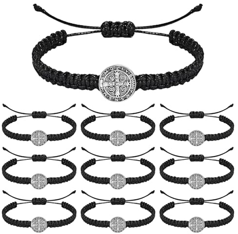 Flongo Heiliger Benedikt Armband Set – 10 Stück handgefertigte verstellbare geflochtene Schutzarmbänder mit St. Benedikt Medaille, Katholischer Religiöser Schmuck für Männer und Frauen