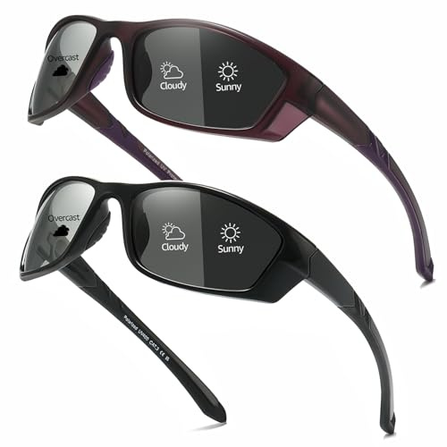 Myiaur 2er Pack Fahrradbrille Selbsttönend Polarisierte Damen Herren | Photochrome Wrap-Around Sonnenbrille mit UV400 für Fahrrad Sport