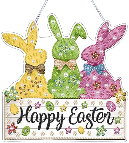 Diamond Painting Ostern Anhänger, Diamond Painting Türkranz Osterhase Diamont Painting Frühling Hase Blumen zum Aufhängen Diamant Malerei Basteln Hängende Osterhasen Bastelset Fensterbilder (C)