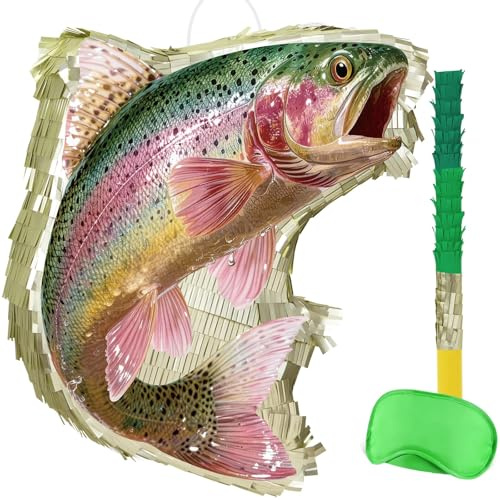 WERNNSAI Regenbogenforelle Pinata - Angeln Party Deko Forelle Fisch Pinata mit Augenbinde und Schläger, Angel Geburtstag Deko für Männer, Vatertag Feier Karneval Zubehö