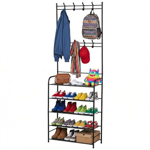 NK Perchero con Zapatero para Recibidor – 170x60x26 cm, 8 Colgadores, 5 Niveles para Calzado, Estructura de Hierro y PP, Color Negro, Diseño Estrecho, Montaje Fácil