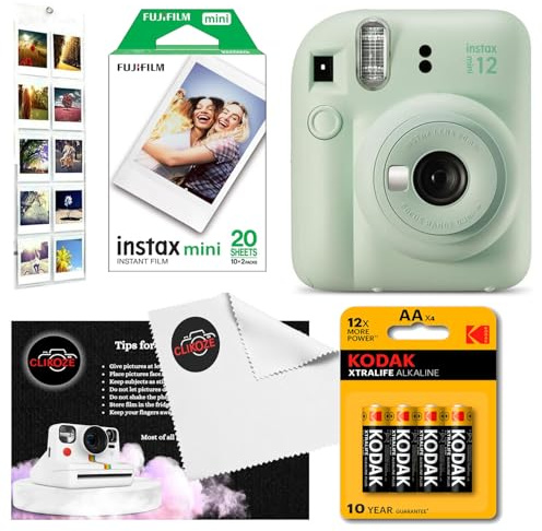 Paquete de cámara instantánea con cámara Fujifilm Mini 12 verde menta, película mini Fujifilm de 20 disparos, 4 pilas AA, álbum de pared, paño para lentes Clikoze y tarjeta de consejos de fotografía