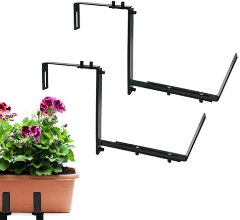 Yrsozi 2 Stück robuste Metall-Fensterkastenhalterungen | Verstellbare Blumenkasten-Halterungen für Geländer | Universal- -Pflanzgefäß-Aufhänger für Garten, Fensterbank und Balkon, Schwarz