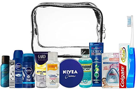 Set de Viaje de 13 Piezas para Hombre Cuidado Personal, Esenciales de Viaje. Cabina aprobada
