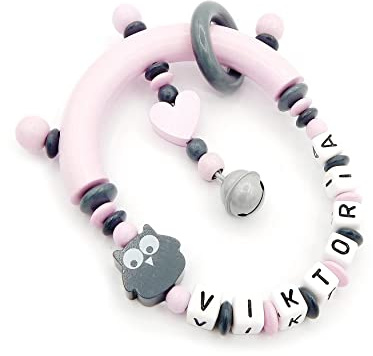 Greifling mit Namen - Eule/Herz in grau/rosa