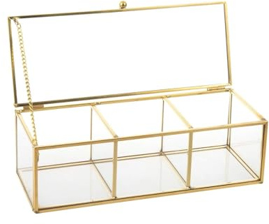 Feyarl Gold Glass Tea Bags Box Sea Shell Display Organizer Cosmetics Countertop Canister Box Jar Storage Glass Jewelry Trinket Ring Earring Box Container for Girl Women Gift