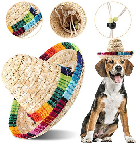 Dimples Haustier Strohhut, Mexikanischer Sombrero für Hunde und Katzen, Verstellbarer Geflochtener Sonnenhut, Mini Größe für Welpen Kätzchen, Zubehör für Karneval und Party