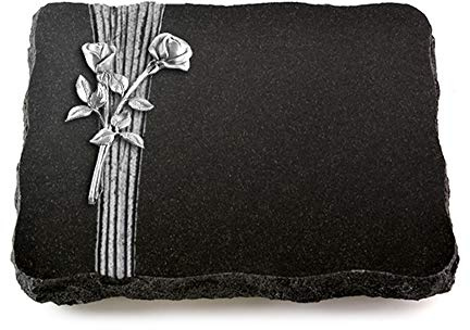 Wilhelmy Grabmale Grabplatte, Grabstein, Grabkissen, Urnengrabstein, Liegegrabstein Modell Strikt 40 x 30 x 5 cm Indisch Black-Granit, poliert inkl. Gravur (Aluminium-Ornament Rose 10)
