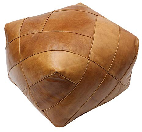 ESSENCE OF MOROCCO Marokkanischer Pouf Pouf Ottoman Fußbank Fußstütze Quadratisch Extra Groß Echtes Naturbraunes Leder Handgenäht Kachel Design (nur Bezug)