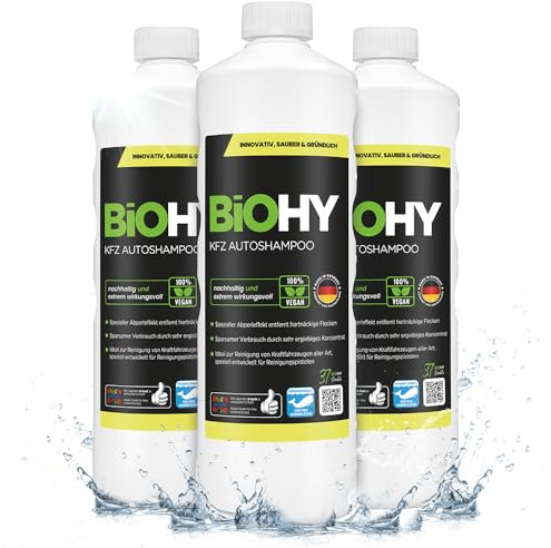 BiOHY KFZ Autoshampoo (3 x 1L) | Bio Autoreiniger für Hochdruckreiniger & Staubsaugerdüsen | biologisch abbaubares Konzentrat | schützt Lack | kraftvolle Tiefenreinigung