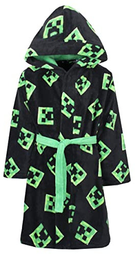 Minecraft - Peignoir Peignoir à capuche en polaire pour enfants avec motif Creeper - Produit officiel Vêtements de nuit et peignoirs pour garçons - Age 5-6 ans