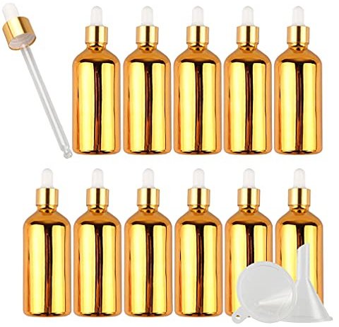 TIANZD 12 Pièces 100ml Flacons en Verre Or avec Pipettes, 100 ml Bouteilles Compte-gouttes en Verre Vides avec Bouchon à Vis Or Pour Les Huiles Essentielles Aromathérapie