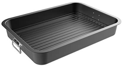 Roasting Pan with Flat Rack-Nonstick Oven Roaster and Removable Tray-Drain Fat and Grease for Healthier Cooking-Kitchen Cookware by Classic Cuisine, Black, 16.5 inch