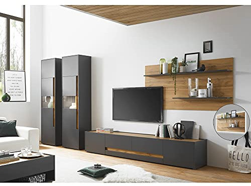 Lomadox TV Wohnwand Set mit LED Beleuchtung in anthrazit mit Absetzung in Wotan Eiche Nb., B/H/T: ca. 400/197/45 cm